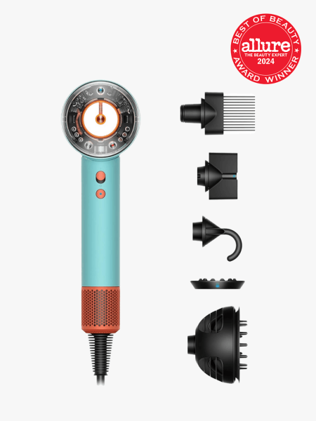 Dyson Supersonic Nural Hair Dryer in branded component with best of beauty seal in the top right corner on a light gray background
