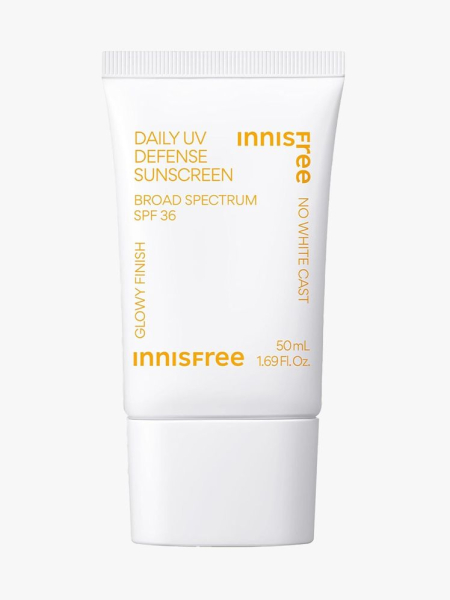 Innisfree Daily UV Defense Sunscreen Lotion SPF 50+ PA++++ in branded tube components on a light gray background