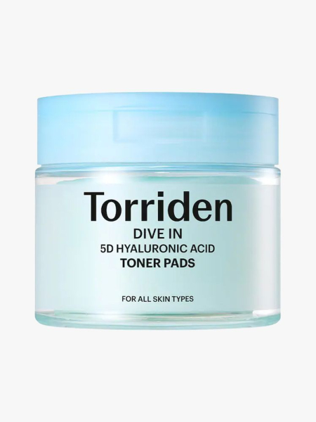 Torriden Dive In 5D Hyaluronic Acid Toner Pads in branded tub component on a light gray background